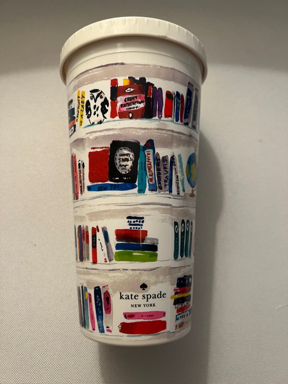 kate spade white multicolor Illustrated Bookshelf Travel Cup BPA Free